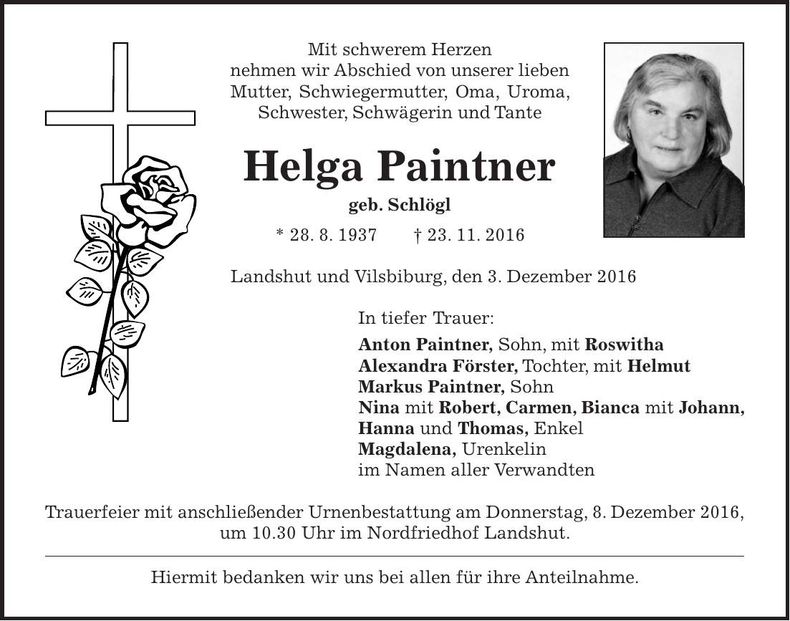 Traueranzeige Helga Paintner