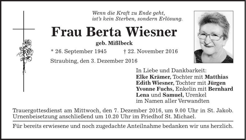 Traueranzeige Berta Wiesner