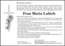 Traueranzeige Maria Lubich