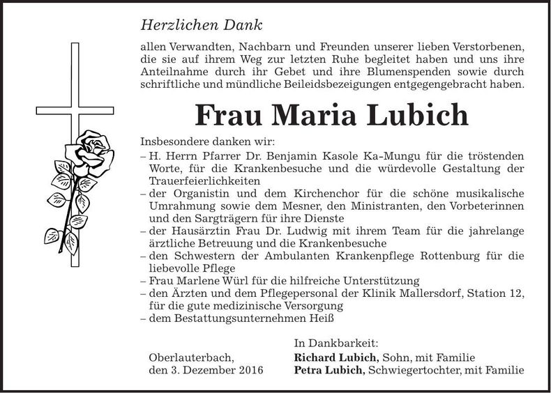 Traueranzeige Maria Lubich