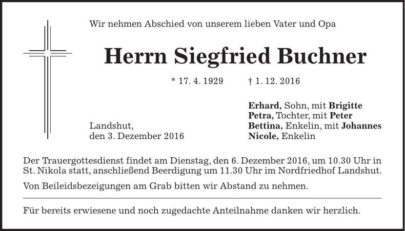 Traueranzeige Siegfried Buchner