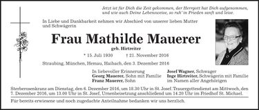 Traueranzeige Mathilde Mauerer