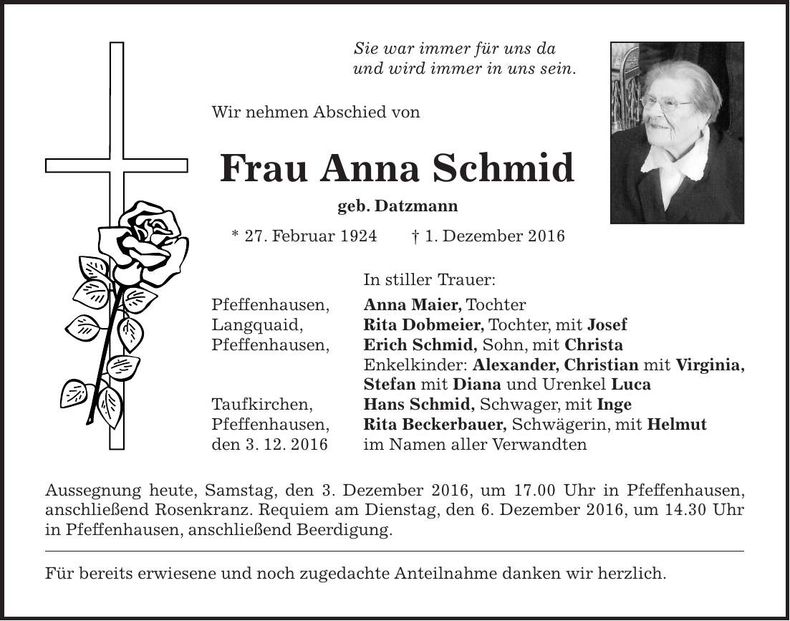 Traueranzeige Anna Schmid