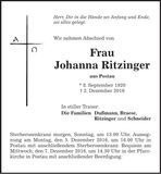Traueranzeige Johanna Ritzinger