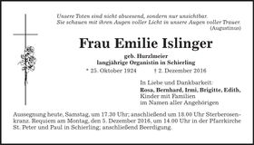 Traueranzeige Emilie Islinger
