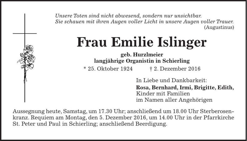 Traueranzeige Emilie Islinger