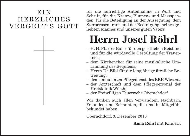 Traueranzeige Josef Röhrl