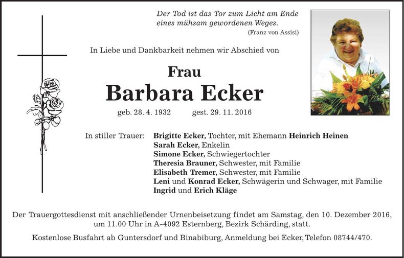 Traueranzeige Barbara Ecker