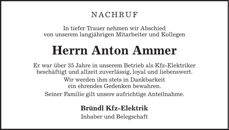 Traueranzeige Anton Ammer