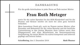 Traueranzeige Ruth Metzger