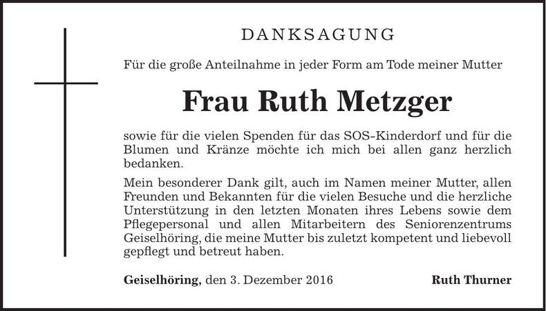 Traueranzeige Ruth Metzger