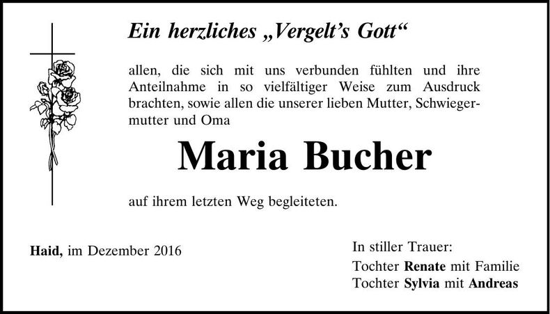 Traueranzeige Maria Bucher