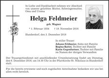 Traueranzeige Helga Feldmeier