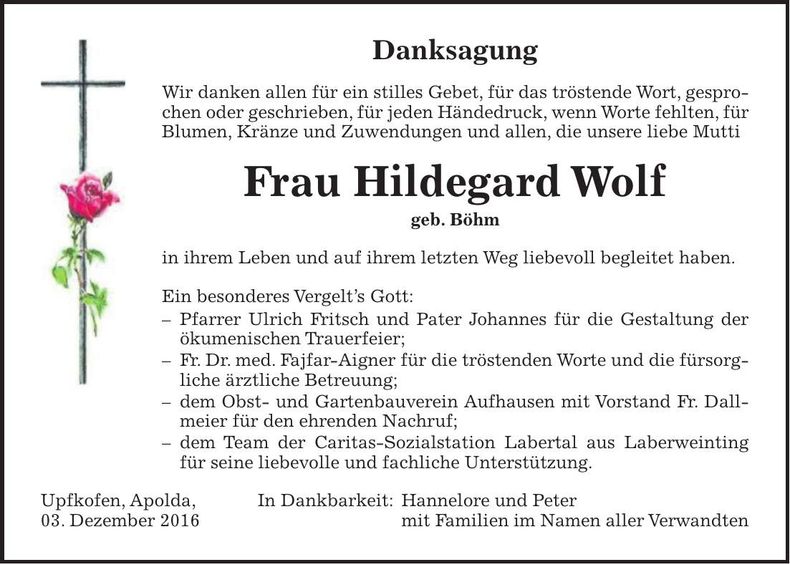 Traueranzeige Hildegard Wolf