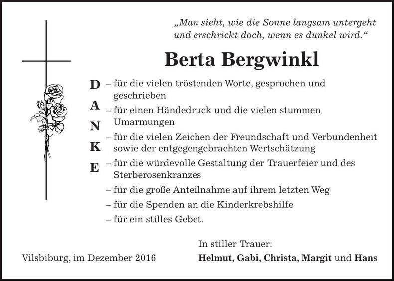 Traueranzeige Berta Bergwinkl