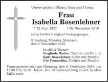 Traueranzeige Isabella Rosenlehner