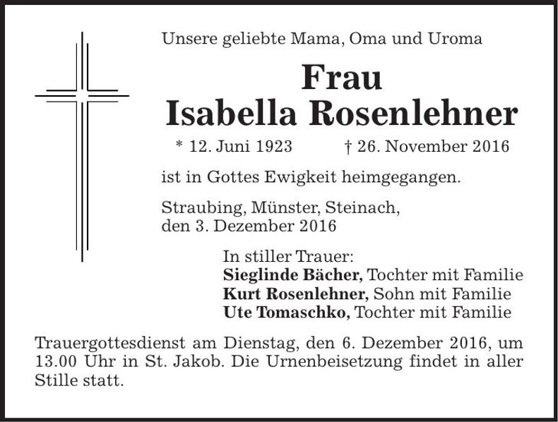 Traueranzeige Isabella Rosenlehner