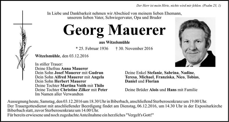 Traueranzeige Georg Mauerer