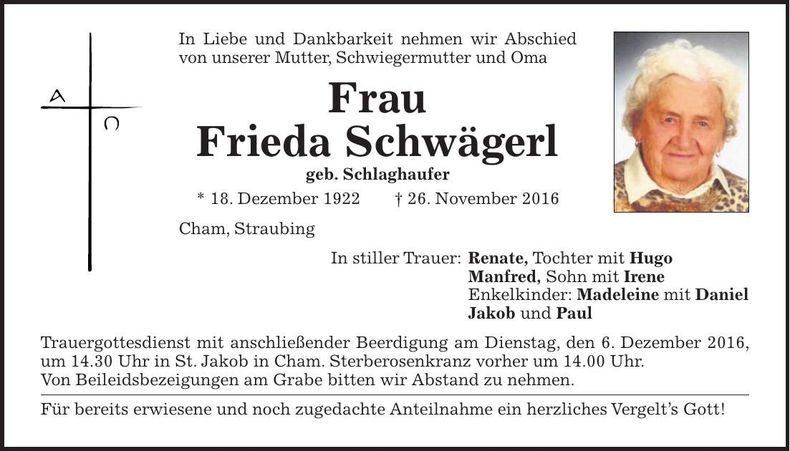 Traueranzeige Frieda Schwägerl