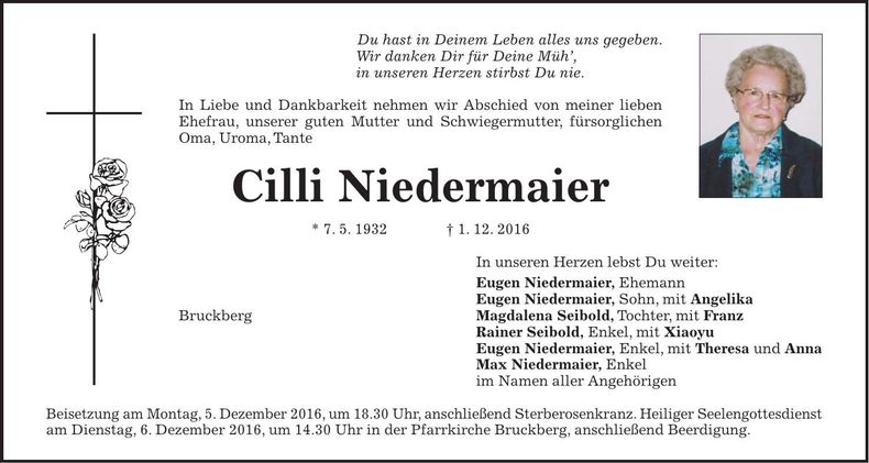 Traueranzeige Cilli Niedermaier