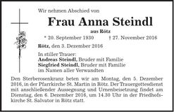Traueranzeige Anna Steindl