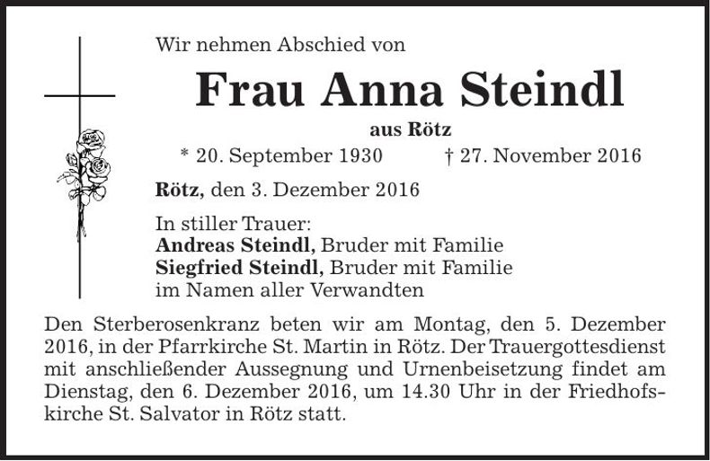 Traueranzeige Anna Steindl