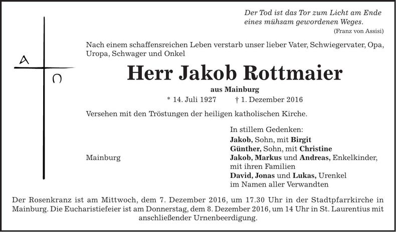 Traueranzeige Jakob Rottmaier
