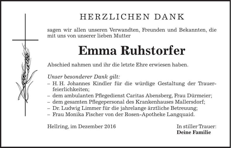 Traueranzeige Emma Ruhstorfer
