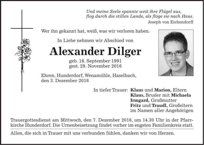 Traueranzeige Alexander Dilger