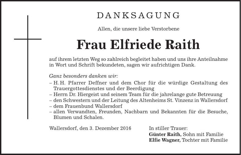 Traueranzeige Elfriede Raith