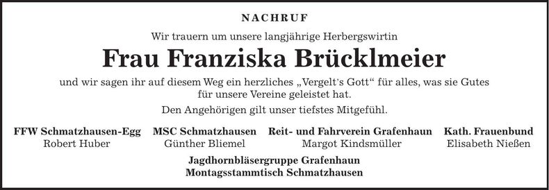 Traueranzeige Franziska Brücklmeier