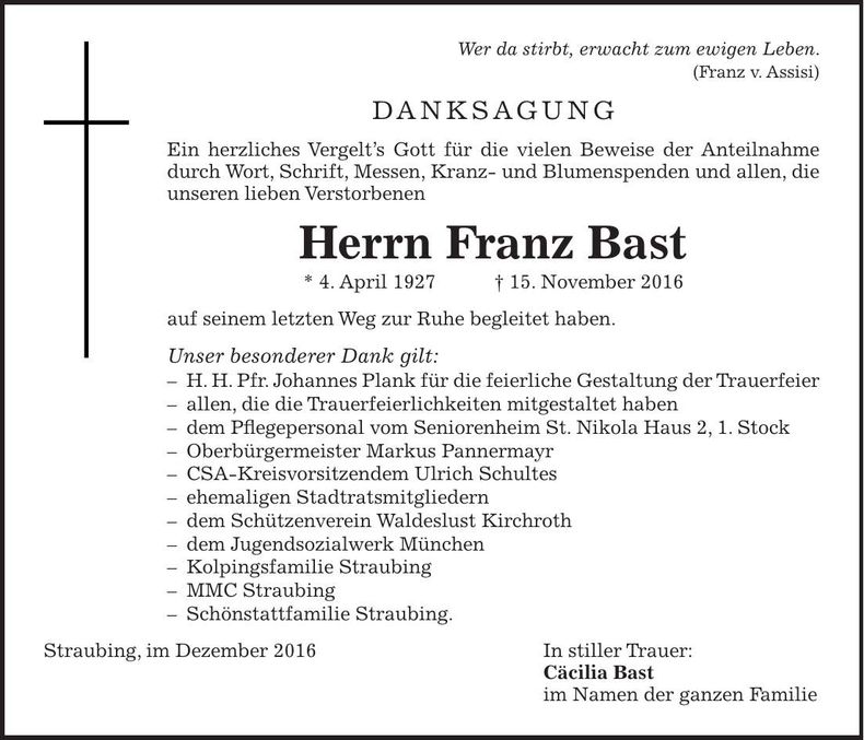 Traueranzeige Franz Bast