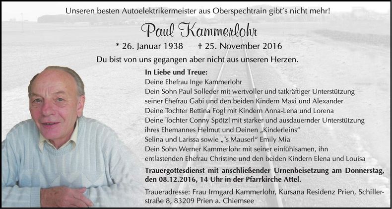 Traueranzeige Paul Kammerlohr