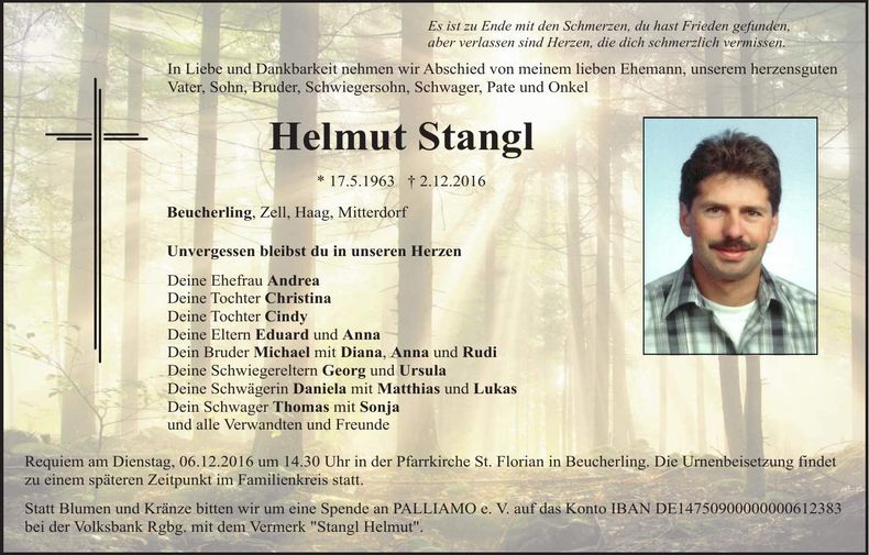 Traueranzeige Helmut Stangl