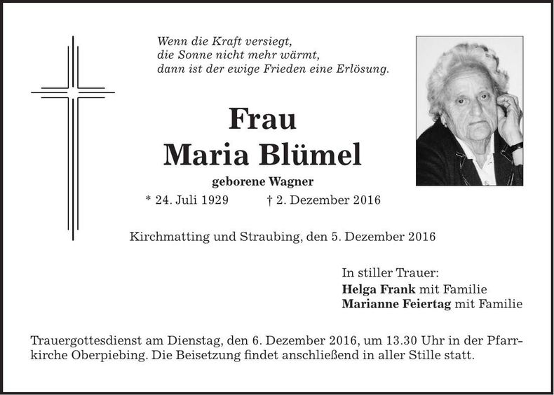Traueranzeige Maria Blümel
