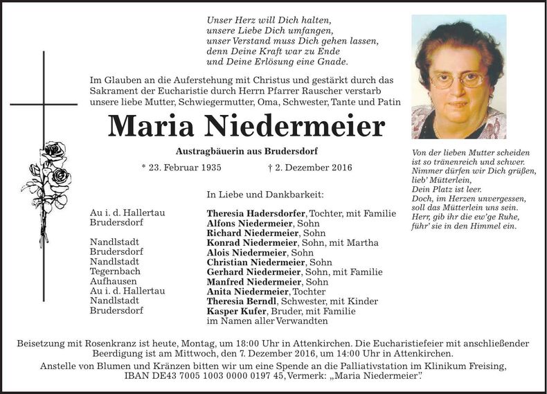 Traueranzeige Maria Niedermeier