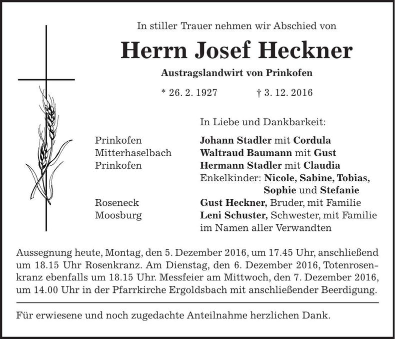 Traueranzeige Josef Heckner