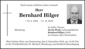 Traueranzeige Bernhard Hilger