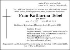 Traueranzeige Katharina Tebel