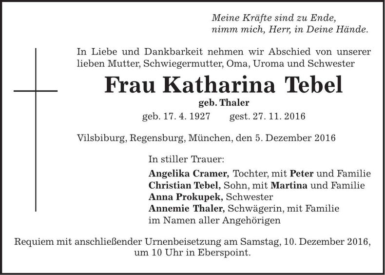 Traueranzeige Katharina Tebel