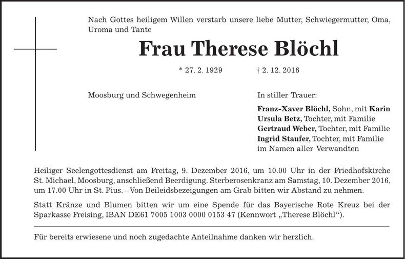 Traueranzeige Therese Blöchl