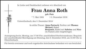 Traueranzeige Anna Roth