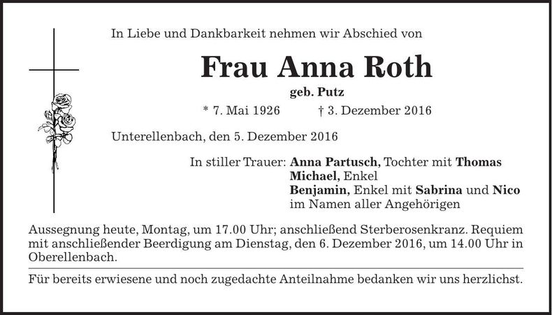 Traueranzeige Anna Roth