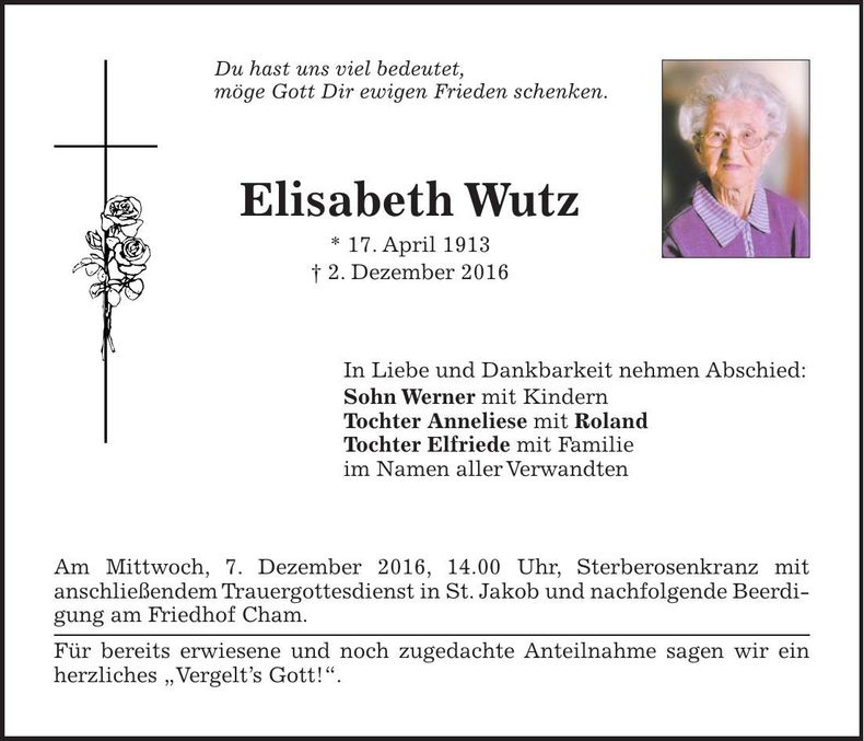 Traueranzeige Elisabeth Wutz