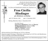 Traueranzeige Cäcilia Hindinger