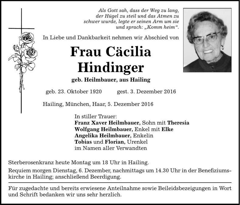 Traueranzeige Cäcilia Hindinger