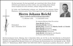 Traueranzeige Johann Reichl