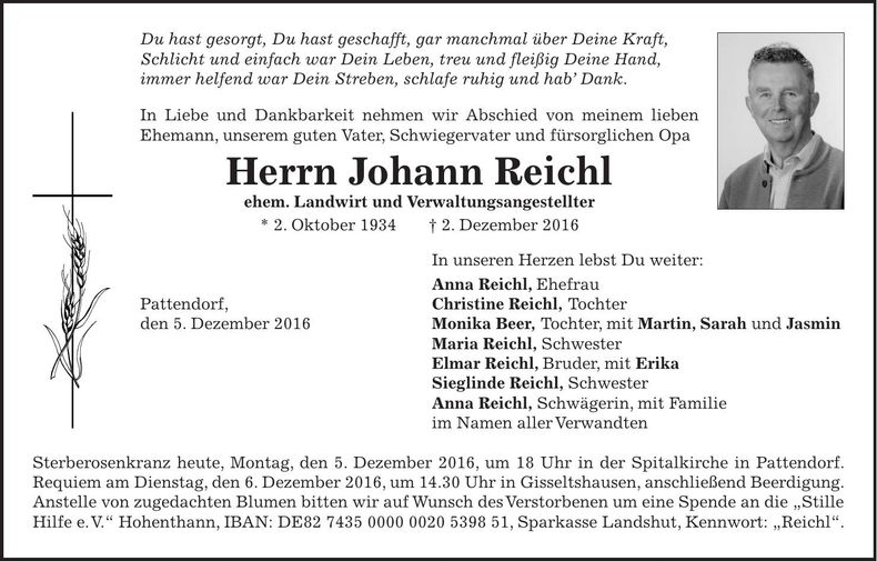 Traueranzeige Johann Reichl