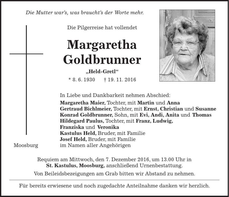 Traueranzeige Margaretha Goldbrunner