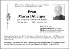 Traueranzeige Maria Biberger